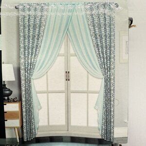 Window Curtain 6 Pc. Set 2 Panels 2 Sheers 2 Tie Backs Spa Blue Chocolate Scroll